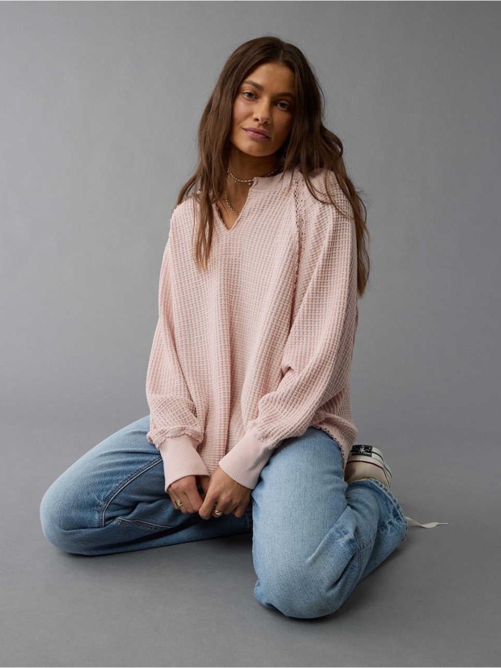 American Eagle Big Hug Notch Neck Waffle Sweatshirt Pink Womens XS Oversized
